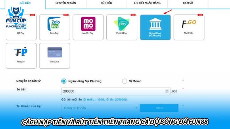 Cách nạp tiền và rút tiền trên trang cá độ bóng đá Fun88